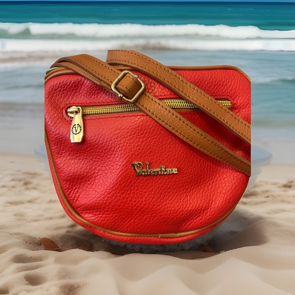 Valentina Handbag Small Womens Red/Tan Leather Crossbody Gold Adjustable Strap